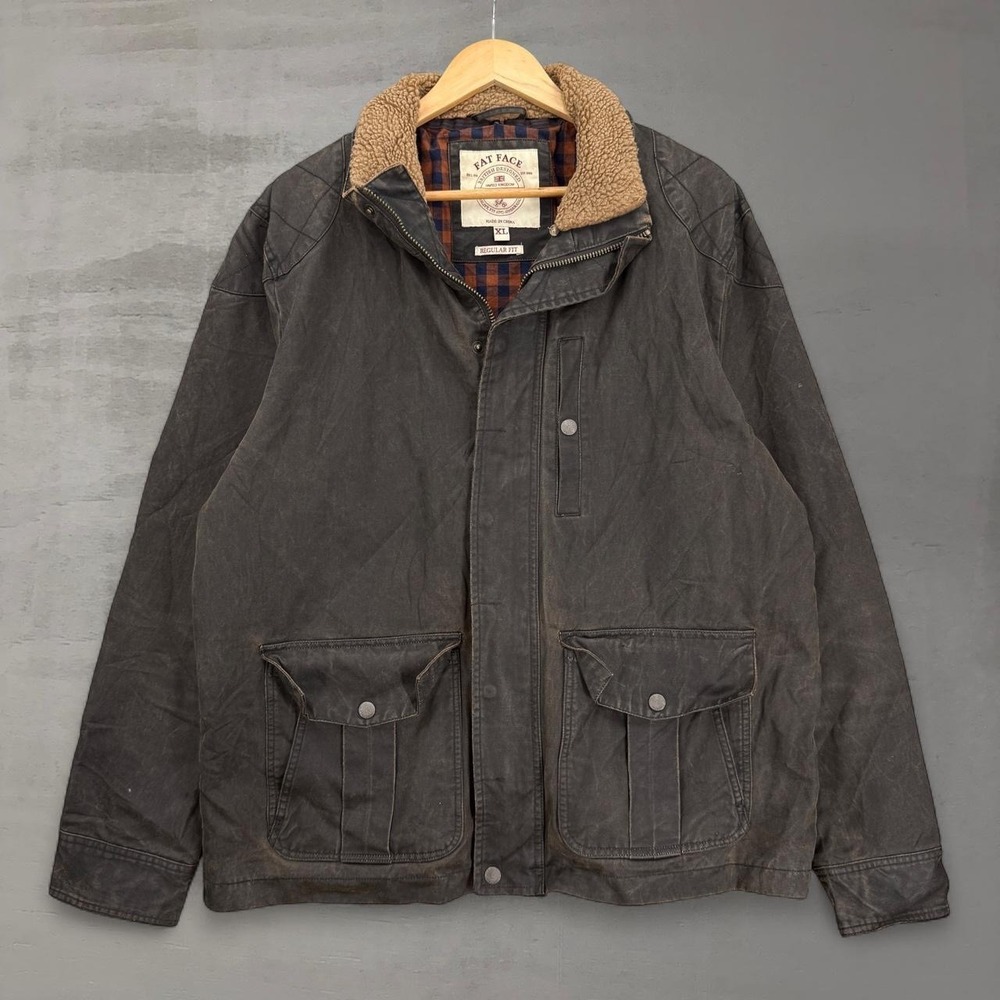 Fat Face Field Jacket Brown Waxed Look Sherpa Collar Plaid Lined Barbour XL